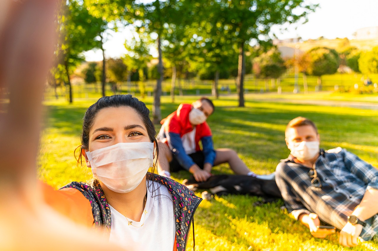 students enjoying the outdoors with masks on